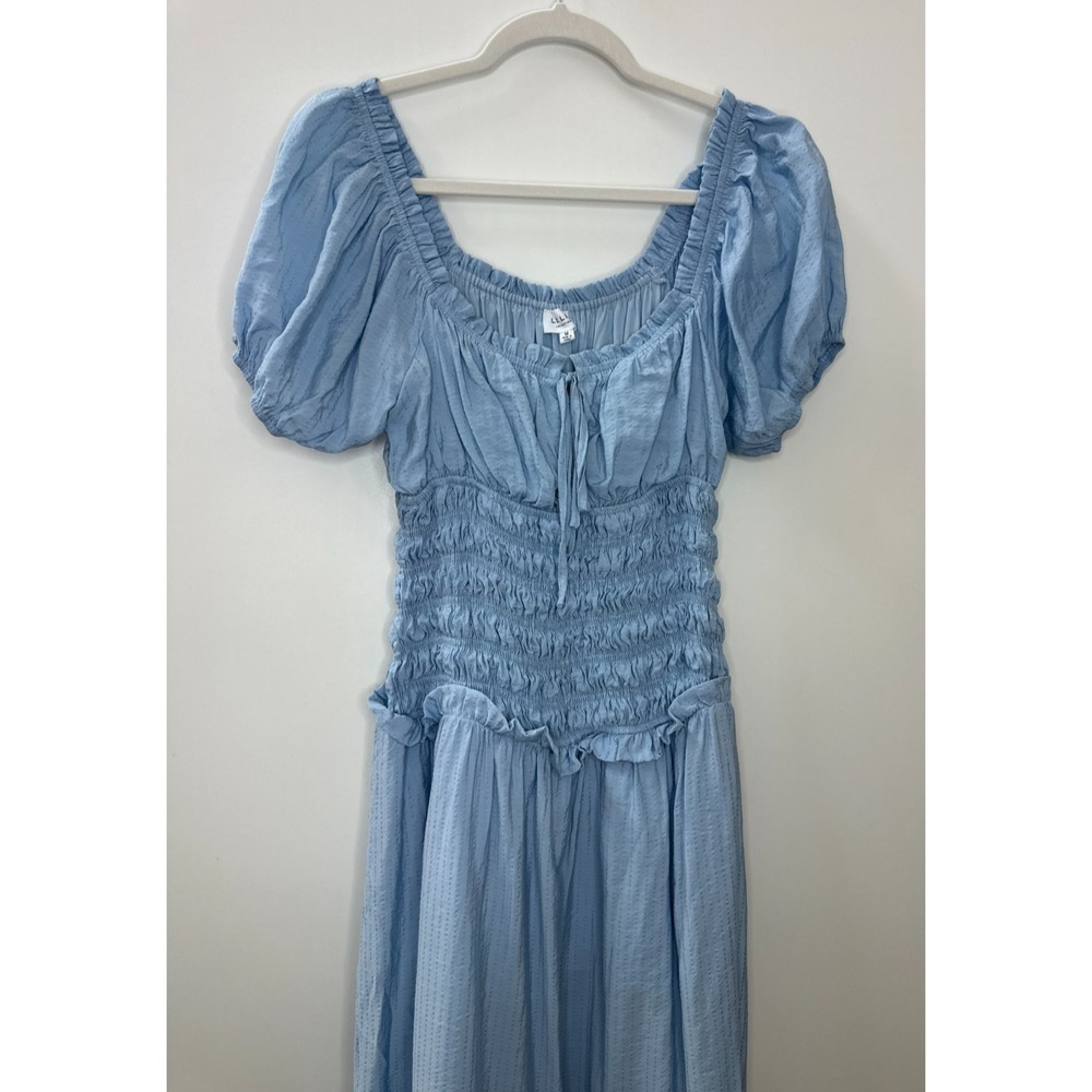 LE LIS Light Blue Smocked Puff Sleeve Midi Dress M Milkmaid Cottagecore Coquette - Picture 3 of 16
